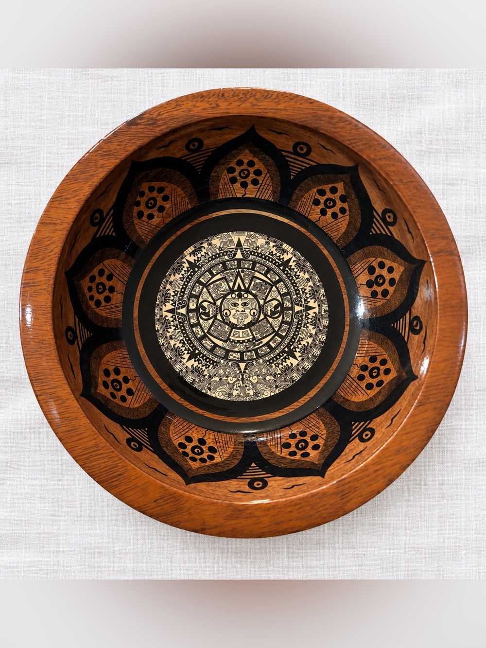 Handcrafted Wooden Decorative Bowl with Black Aztec Mandala Design